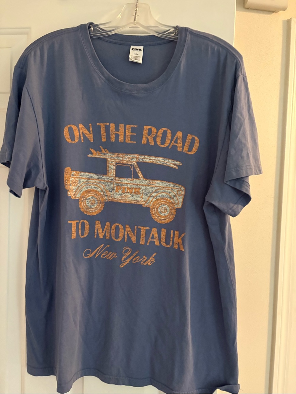 PINK Victoria's Secret Blue Graphic Tee with Orange Print